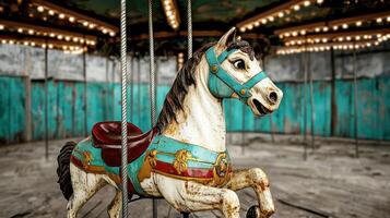 A carousel horse is shown in an abandoned amusement park photo
