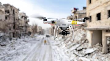 A drone flying over a city in the snow photo