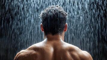 A man is standing in the rain with his back to the camera photo