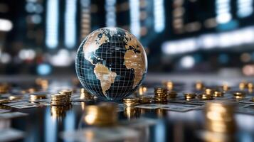 Global economy concept with coins and world globe on a table photo