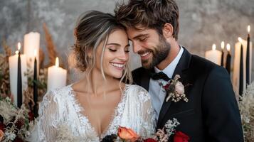 A bride and groom are smiling in front of candles photo