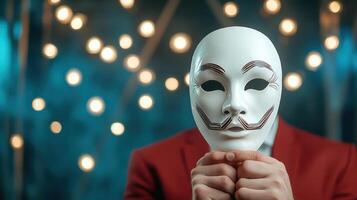 A man in a suit holding a mask photo