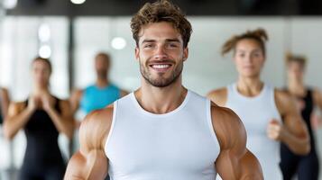 A man is smiling while standing in front of a group of people photo