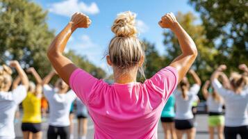 A woman is raising her arms in front of a group of people photo