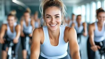 A woman is smiling while riding a bike in a gym photo