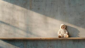 A small child sitting on a wooden shelf photo