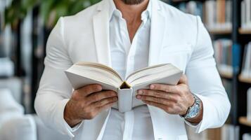 A man in a white suit is reading a book photo