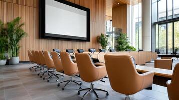 A conference room with leather chairs and a large screen photo