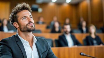 A man in a suit is sitting in front of a conference room photo