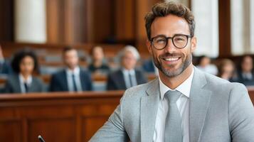 A smiling man in a suit and glasses sitting in a courtroom photo