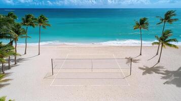 An aerial view of a beach with a tennis court photo