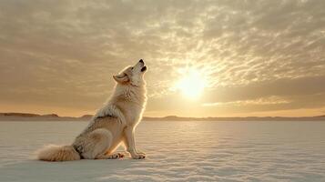 A lone wolf howling in the desert at sunset photo