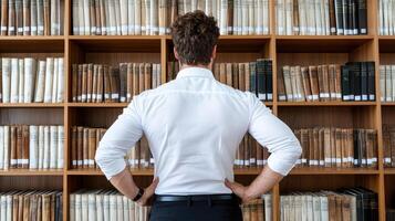 A man in a white shirt standing in front of a library photo