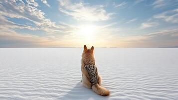 A dog sitting on the ground looking at the sky photo