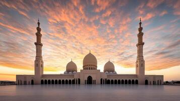 The grand mosque at sunset in abu dhabi photo