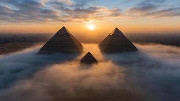 Two pyramids in the fog with the sun setting behind them photo