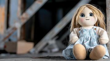 A doll sitting on a wooden floor photo