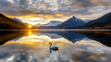A swan swims in a lake at sunrise with mountains in the background photo