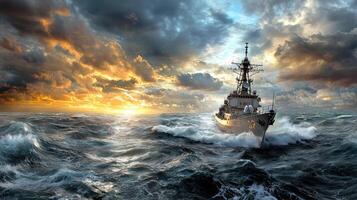 A ship in the ocean with a stormy sky photo