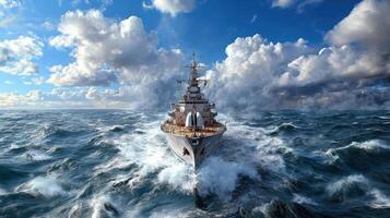 A large ship in the ocean with clouds photo