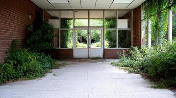 A hallway with plants growing on the side photo