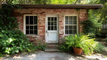 A small brick house with a door and windows photo