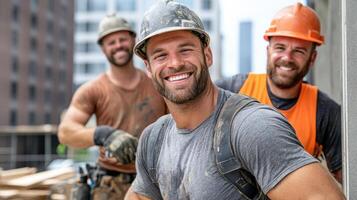 Three men in construction hats smiling and laughing photo