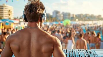 A man with headphones on at a dj booth at a beach party photo
