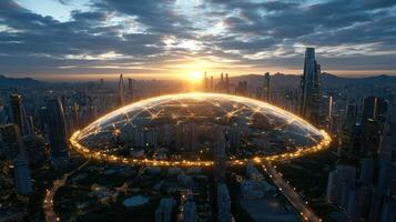 An aerial view of a futuristic city with a large sphere photo