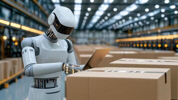 A robot in a warehouse with boxes on the floor photo