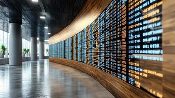 A long hallway with a large display of flight information photo