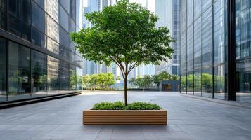 A tree in a planter on a street in front of tall buildings photo