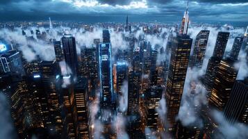 A city is shown in the clouds with skyscrapers photo