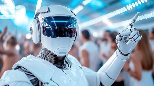 A robot with his hand up in front of a crowd photo