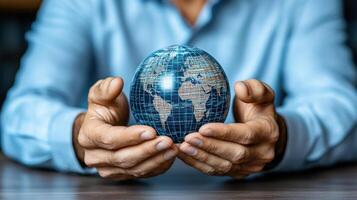 Businessman holding world globe in hands photo