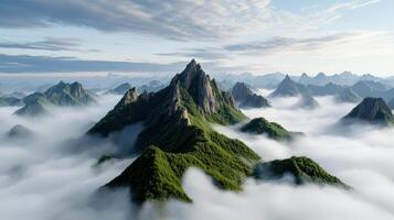 Mountains covered in green vegetation and fog photo