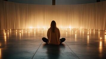 A woman sitting in the middle of a room with candles photo