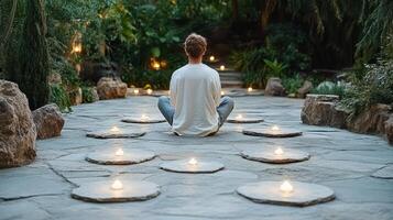 A man meditating in front of candles in a garden photo