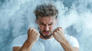 A man is holding his hands to his face while smoking photo