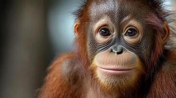 An oranguel monkey is looking at the camera photo