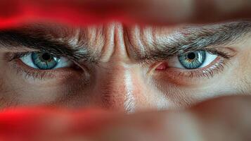 A man with blue eyes looking through a hole in a wall photo