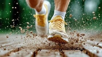 A person running in the mud with yellow shoes photo