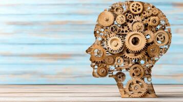 A wooden head with gears inside it photo