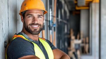 A man in a hard hat and vest standing in front of a wall photo