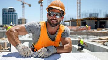 A man in an orange vest and safety glasses is smiling while holding a blueprint photo