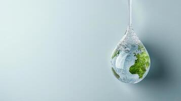 Earth in a drop of water on a gray background 3d rendering photo