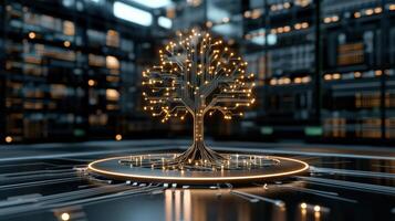 A tree with glowing lights on it in front of a computer photo