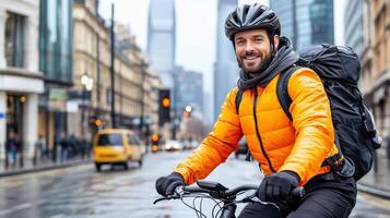 A man in an orange jacket riding a bike photo