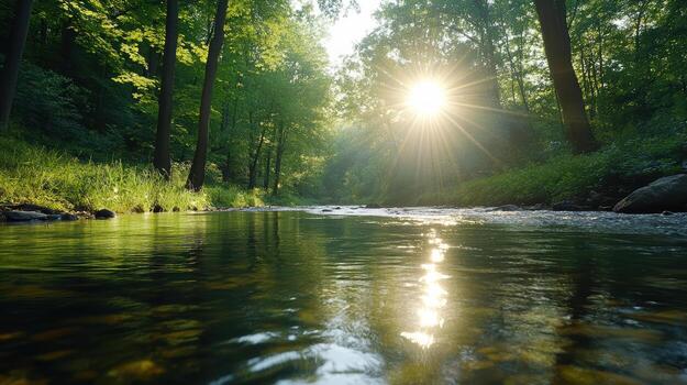 A river running through a forest with the sun shining through photo