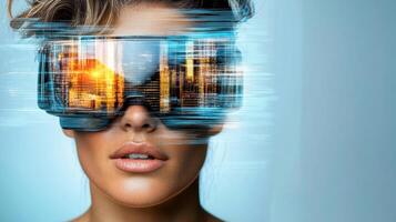 A woman wearing virtual glasses with a city skyline in the background photo